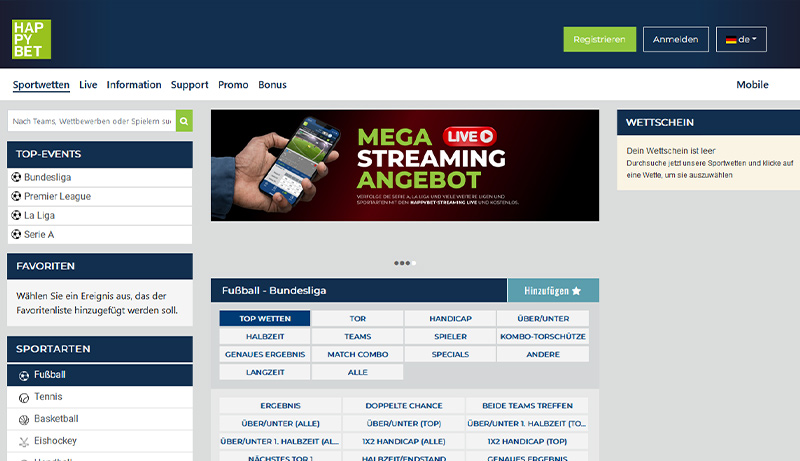 Die Startseite bei Happybet